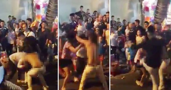 Bị lột tung áo, cô gái vẫn hùng hổ đánh nhau giữa đêm Trung thu