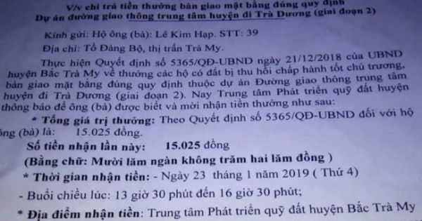 Thưởng hơn 15.000 đồng cho hộ dân bàn giao mặt bằng đúng quy định