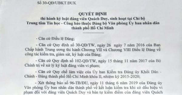 Khai trừ Đảng một chuyên viên tại UBND TP HCM vì 