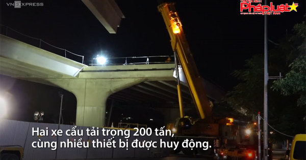 Công nhân xuyên đêm lao dầm cầu cạn vành đai 3