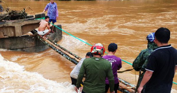 Người dân bắc cây cau qua nhịp cầu gãy để vượt lũ