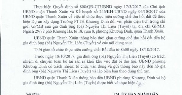 Hà Nội: Cưỡng chế, thu hồi đất xây dựng trường THPT Khương Đình