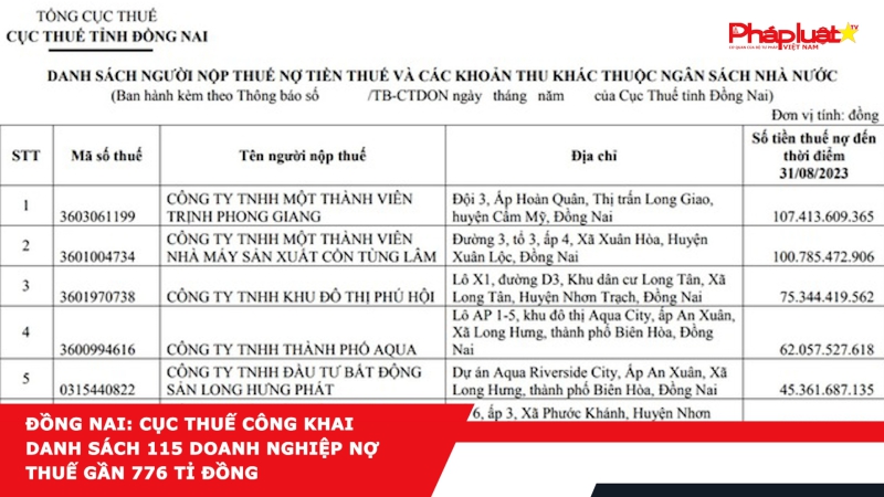 Đồng Nai: Cục thuế công khai danh sách 115 doanh nghiệp nợ thuế gần 776 tỉ đồng